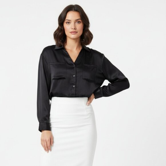 Ciebon 100% Silk Black Long Sleeve Cropped Button Up Blouse Top XS NEW - Picture 5 of 6